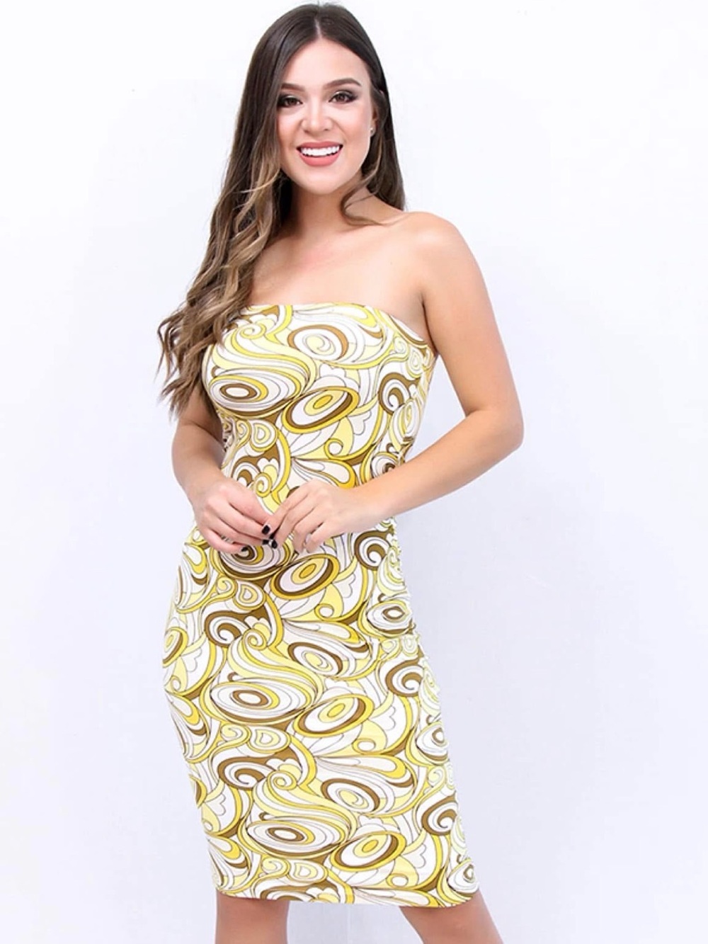 Strapless Yellow Swirl retro 70’s Bodycon Dress